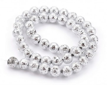 Lava-Perlen, Edelsteinperlen, rund, silberfarbig, 6mm, 1 Perlenstrang