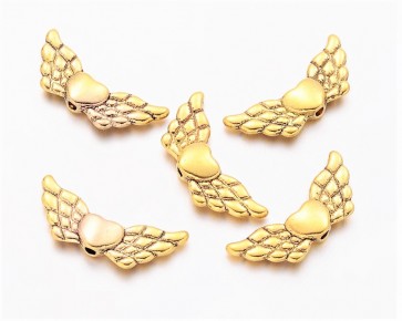Metallperlen Engelsflügel mit Herz, antik gold, 22x9mm, 20 Flügelperlen