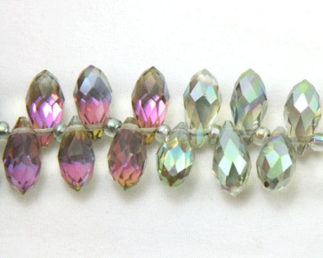 Glasschliffperlen, Glasperlen Tropfen facettiert, 12 x 6 mm, peacock metallic irisierend, 10 Perlen