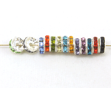 Strassrondellen, 10mm, silberfarbig, farbiger Strass, 20 Perlen