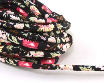 Schmuckkordel, Baumwollkordel, 6-7mm, genäht / geseppt, schwarz mit Blumenmuster, Meterware