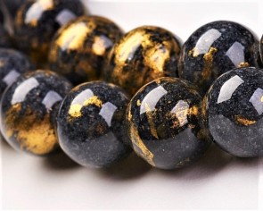 Jade Perlen, rund, schwarz-grau / gold gefärbt, 4mm, 1 Strang