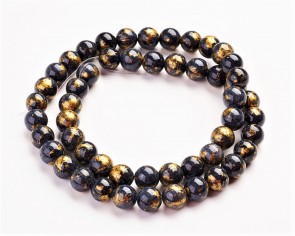 Jade Perlen, Naturstein, rund, schwarz / gold gefärbt, 6mm, 1 Strang