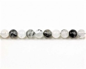 Turmalinquarz-Perlen, Rutilquarz Perlen, rund, schwarz-weiss, 8mm, 1 Perlenstrang