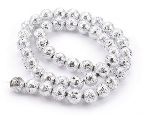 Lava-Perlen, Edelsteinperlen, rund, silberfarbig, 6mm, 1 Perlenstrang