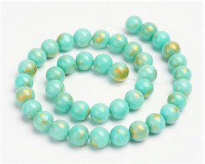 Jade Perlen, Naturstein, rund, türkis / gold gefärbt, 6mm, 1 Strang