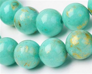 Jade Perlen, rund, türkis / gold gefärbt, 6 mm, 1 Strang