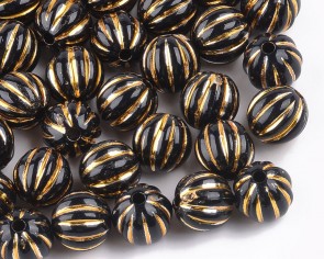 Acrylperlen, rund, 10 mm, schwarz mit Goldstreifen, 50 Stk.
