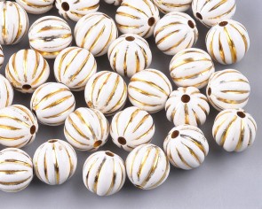 Acrylperlen, rund, 10mm, weiss mit Goldstreifen, 50 Stk.