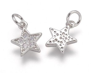 Funkelnder Zirkonia Charms Anhänger, Stern, platiniert, 9mm, 1 Stk.