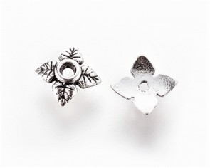 Perlenkappen, antik silber, Ø 6 mm, Blumen 4-blättrig, 20 Perlkappen