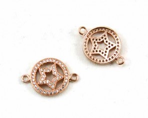 Schmuckverbinder mit Zirkonia, flach rund mit Stern, rosé goldfarbig, 20x14mm, 1 Stk.